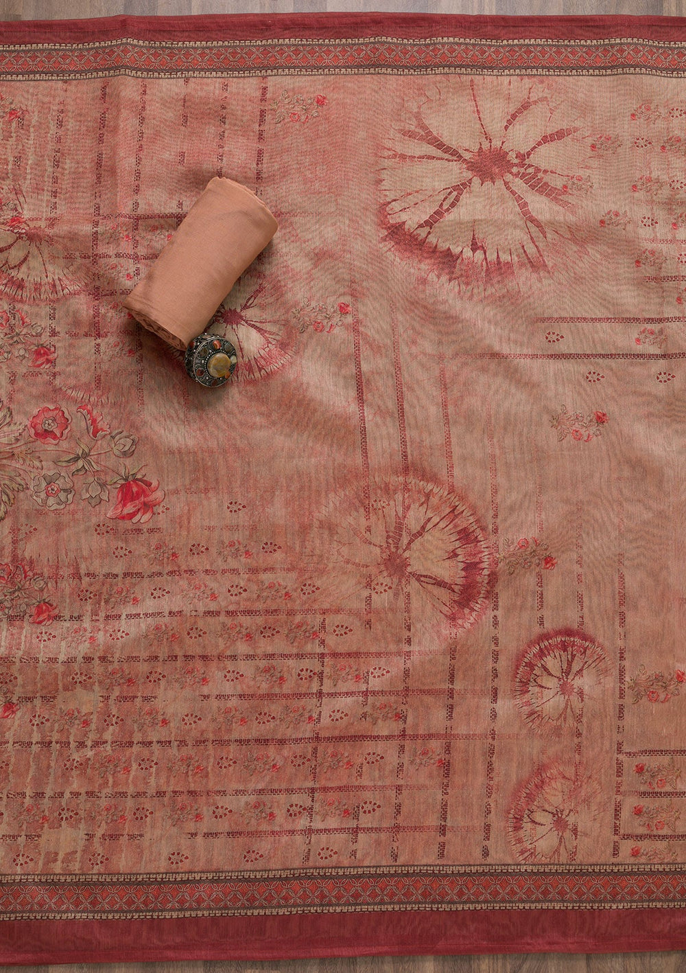 Peach Printed Chanderi Unstitched Salwar Suit-Koskii
