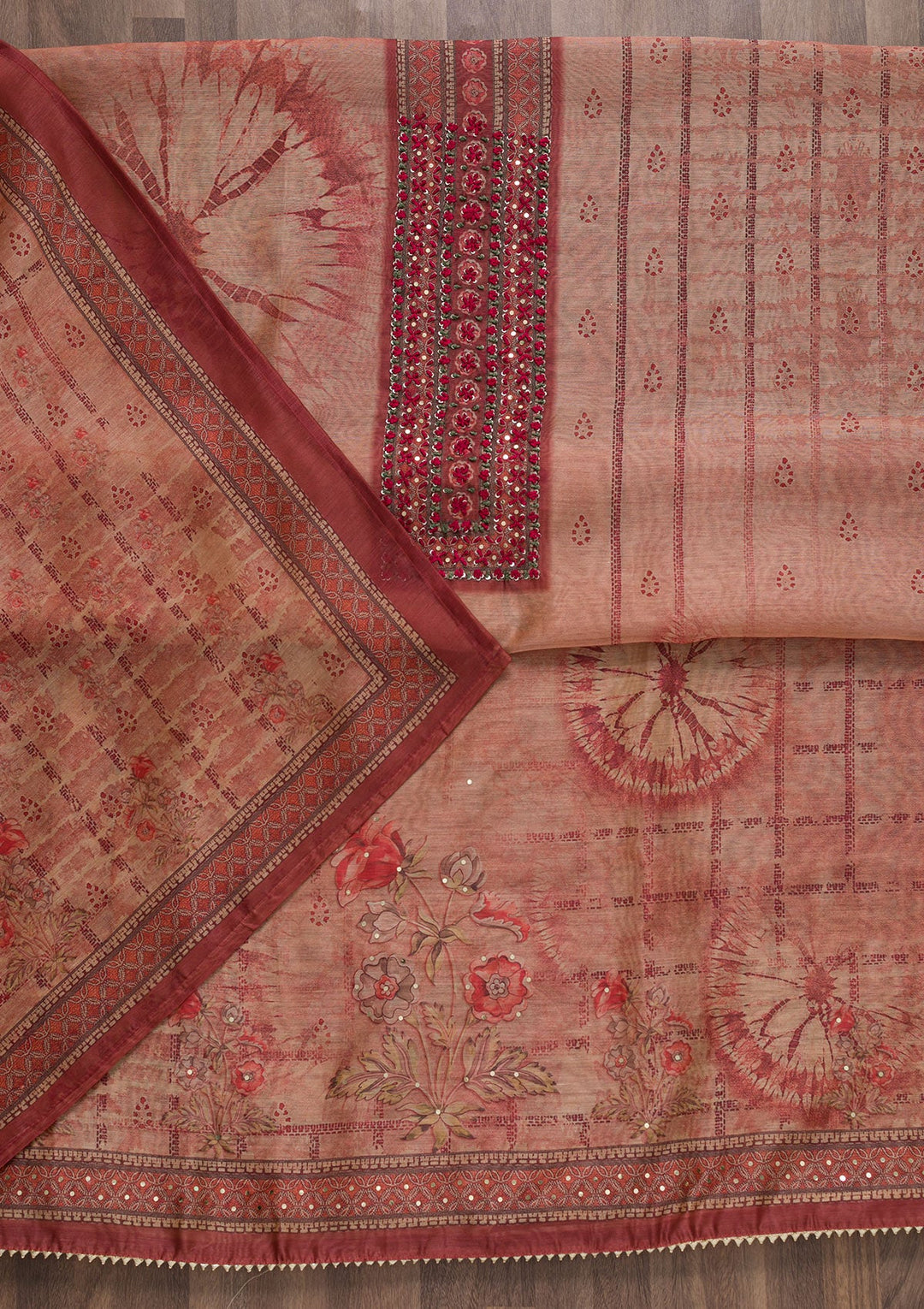 Peach Printed Chanderi Unstitched Salwar Suit-Koskii