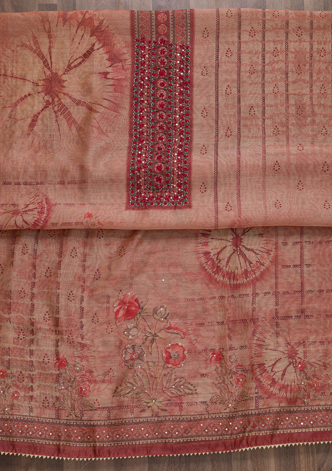 Peach Printed Chanderi Unstitched Salwar Suit-Koskii