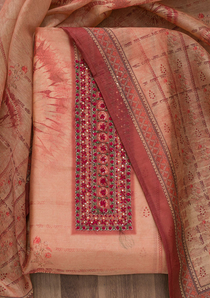 Peach Printed Chanderi Unstitched Salwar Suit-Koskii