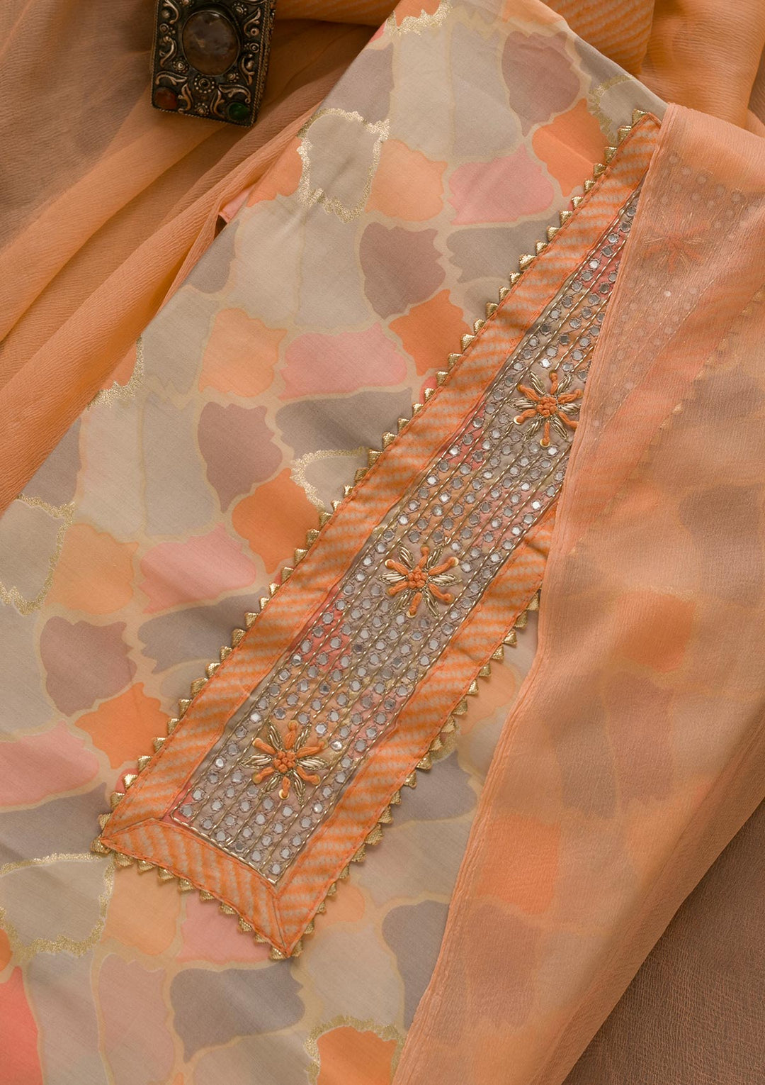 Peach Printed Cotton Unstitched Salwar Suit-Koskii