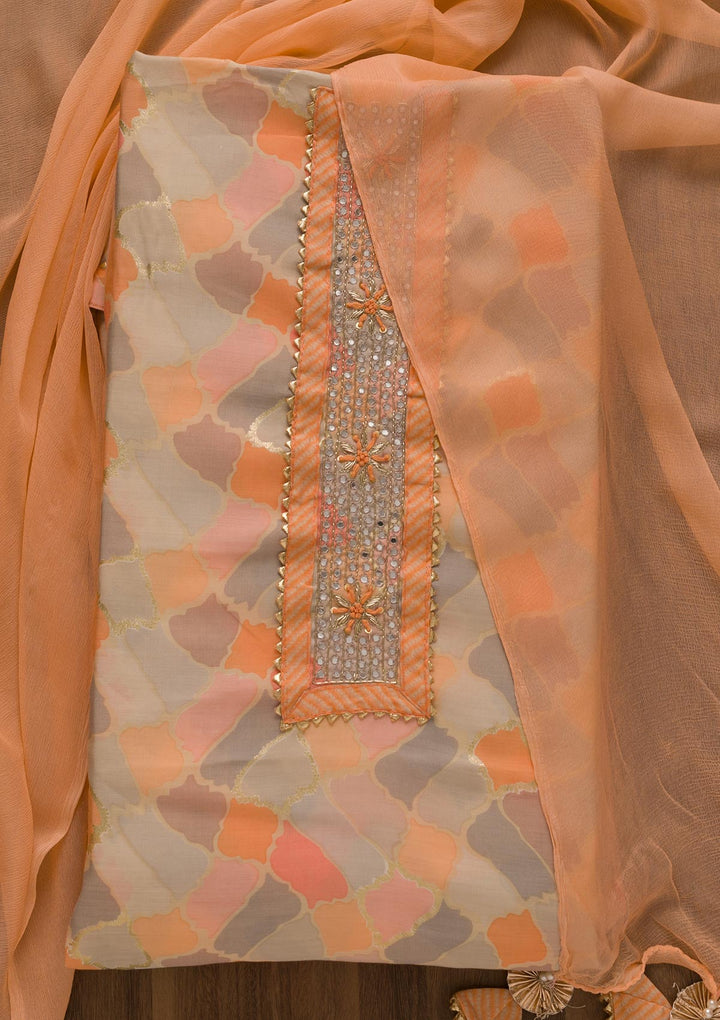 Peach Printed Cotton Unstitched Salwar Suit-Koskii