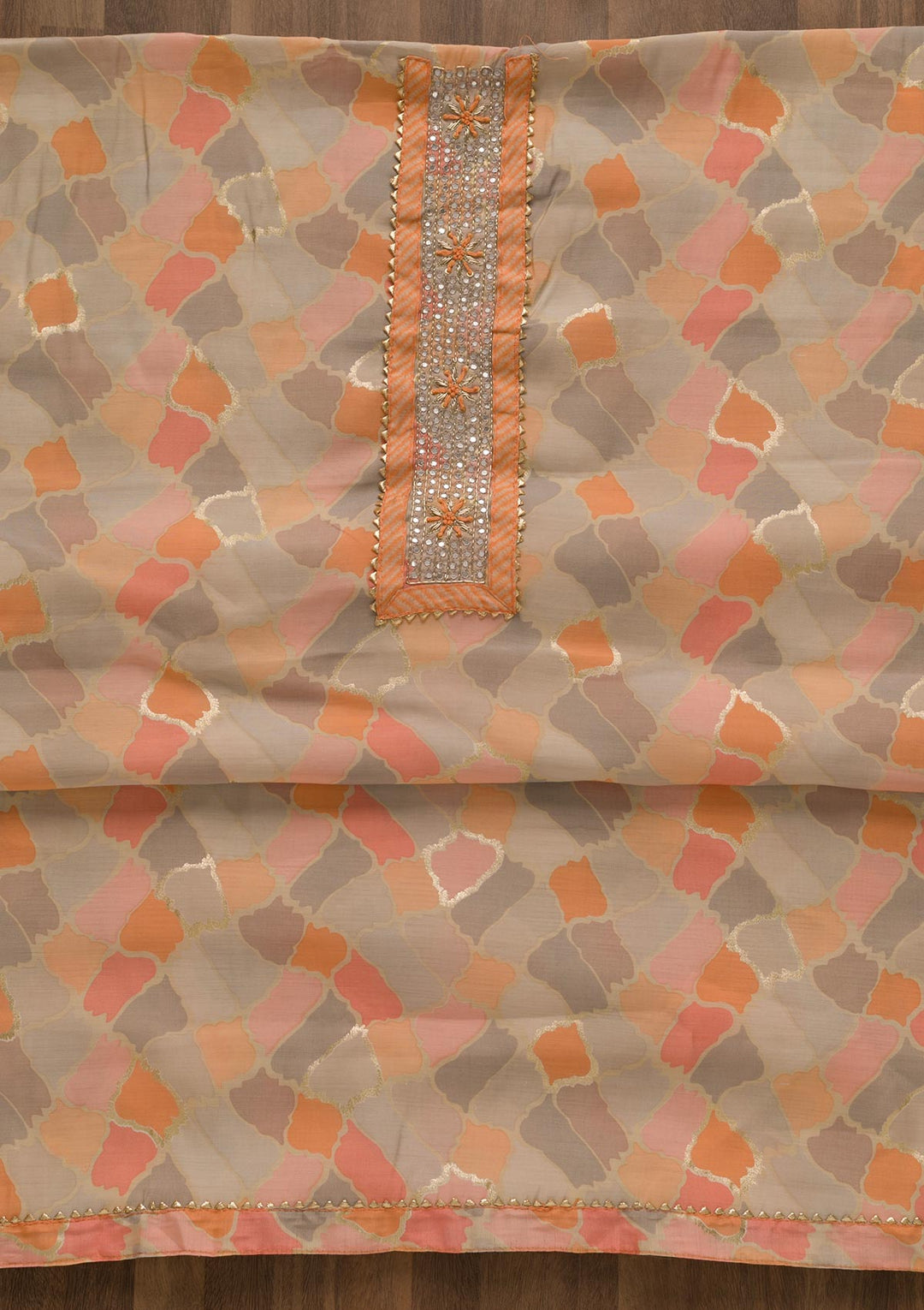 Peach Printed Cotton Unstitched Salwar Suit-Koskii