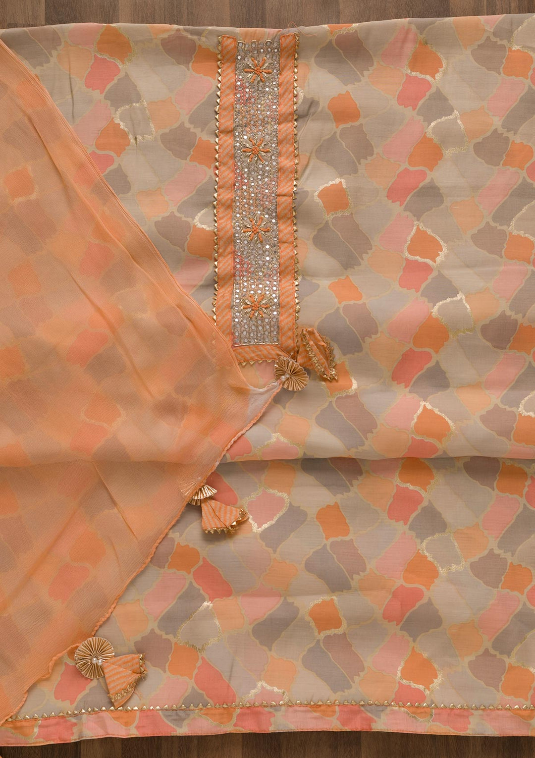 Peach Printed Cotton Unstitched Salwar Suit-Koskii