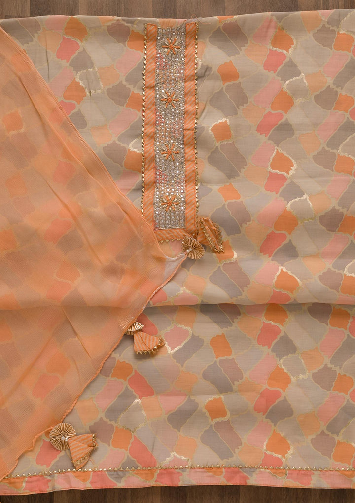 Peach Printed Cotton Unstitched Salwar Suit-Koskii
