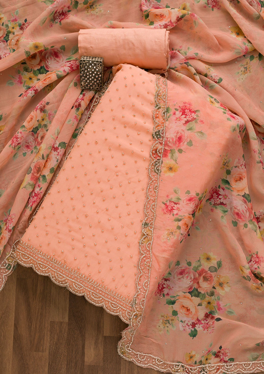Peach Stonework Organza Unstitched Salwar Kameez-Koskii