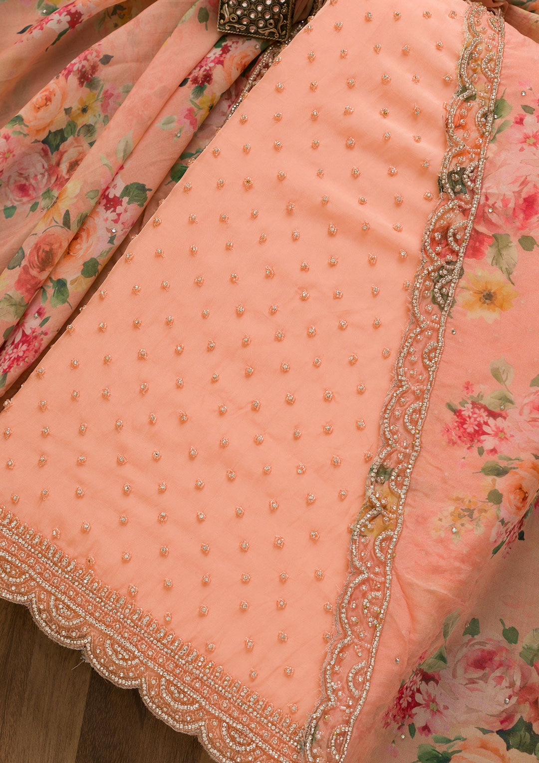 Peach Stonework Organza Unstitched Salwar Kameez-Koskii