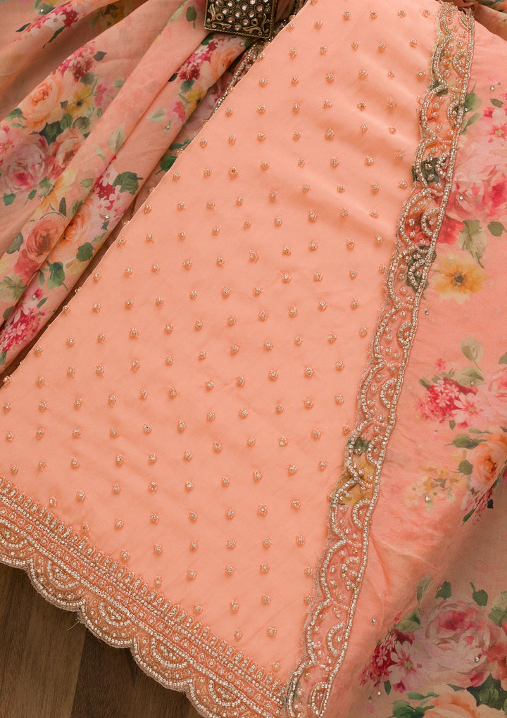 Peach Stonework Organza Unstitched Salwar Kameez-Koskii