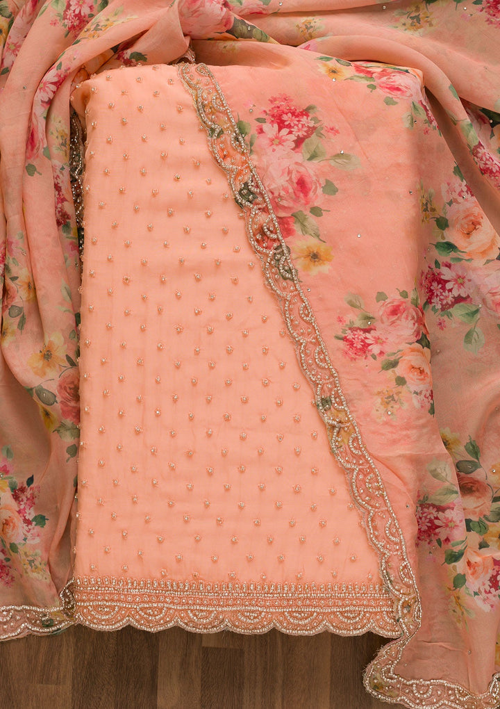 Peach Stonework Organza Unstitched Salwar Kameez-Koskii