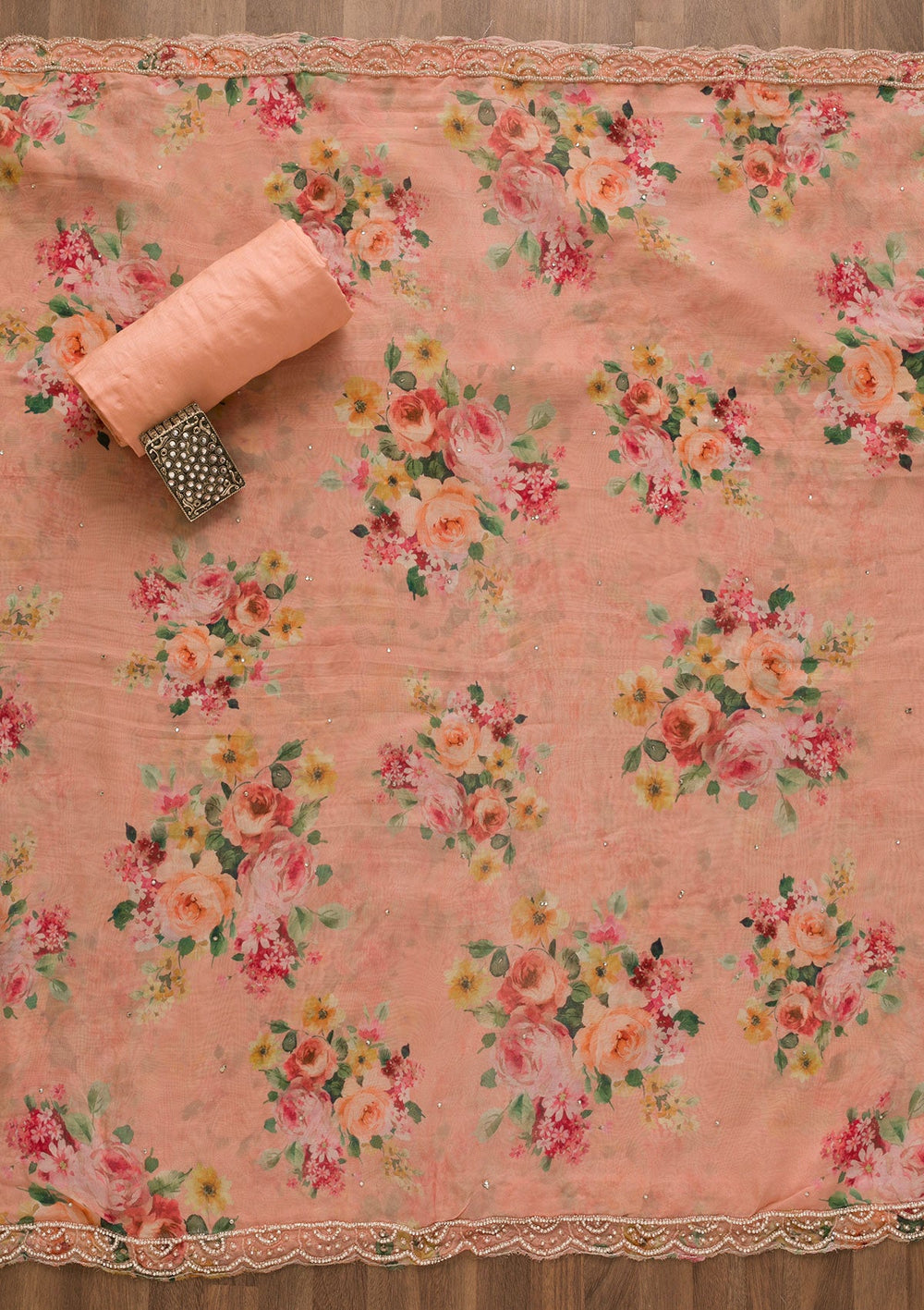 Peach Stonework Organza Unstitched Salwar Kameez-Koskii