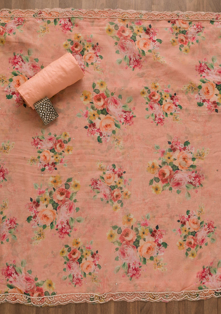 Peach Stonework Organza Unstitched Salwar Kameez-Koskii