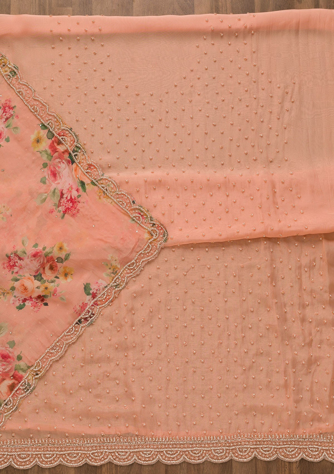 Peach Stonework Organza Unstitched Salwar Kameez-Koskii