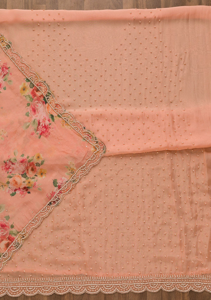 Peach Stonework Organza Unstitched Salwar Kameez-Koskii