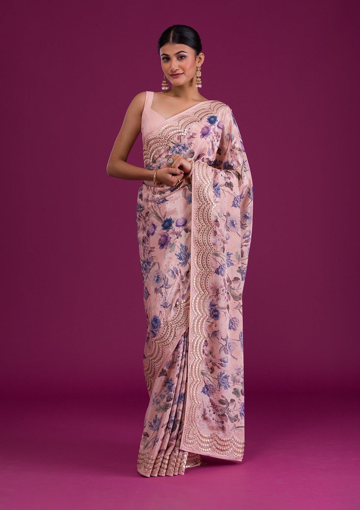 Peach Printed Semi Crepe Saree-Koskii