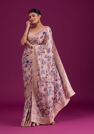 Peach Printed Semi Crepe Saree-Koskii