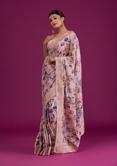 Peach Printed Semi Crepe Saree-Koskii