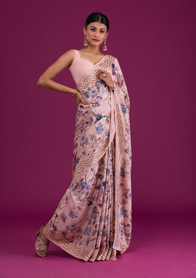 Peach Printed Semi Crepe Saree-Koskii