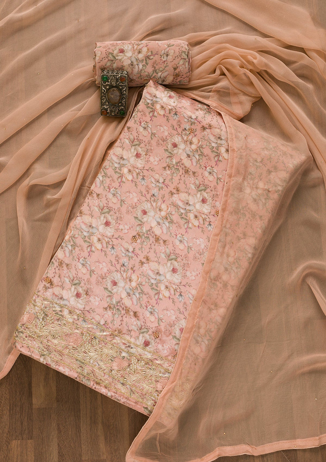 Peach Printed Semi Crepe Unstitched Salwar Kameez-Koskii