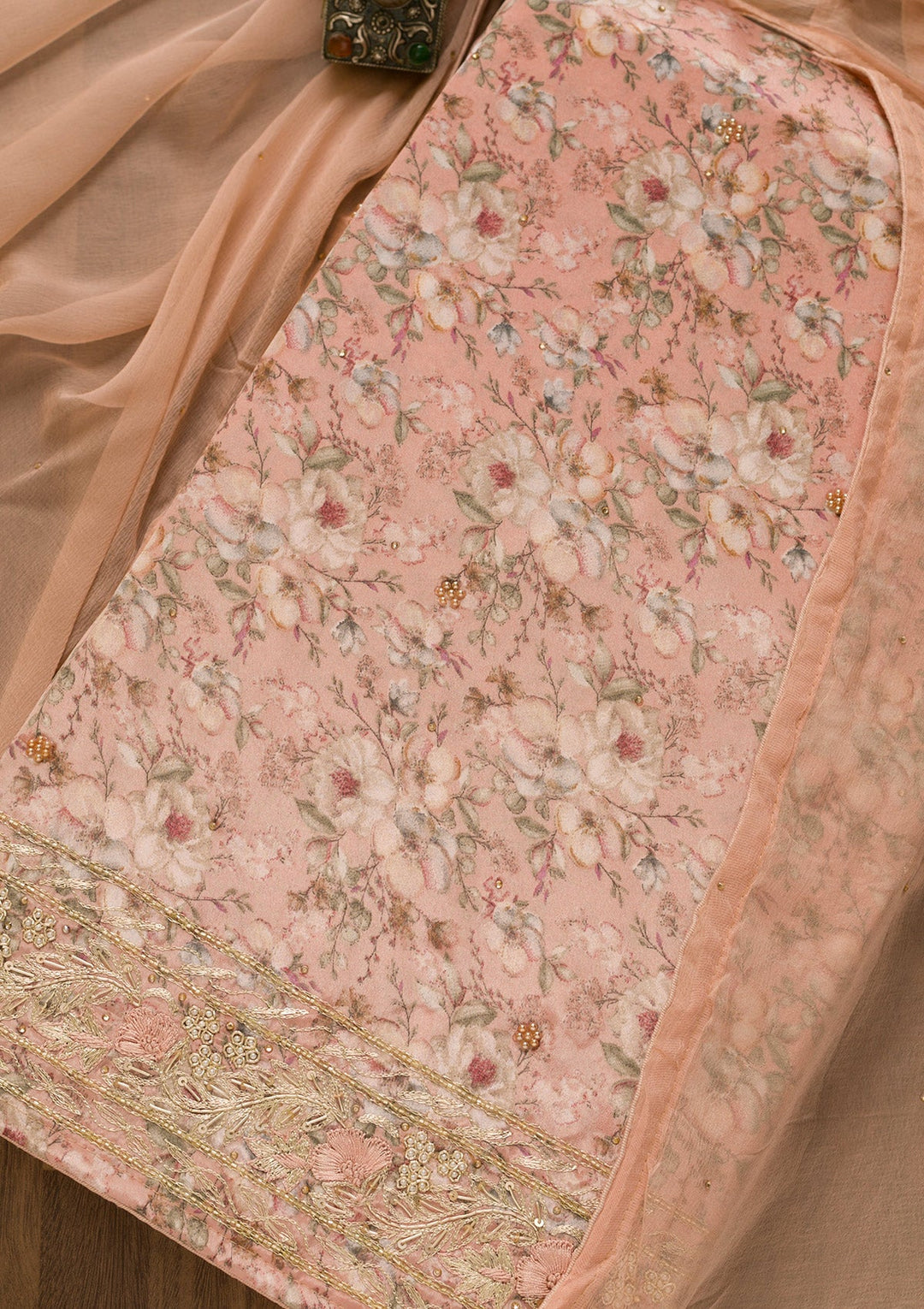 Peach Printed Semi Crepe Unstitched Salwar Kameez-Koskii