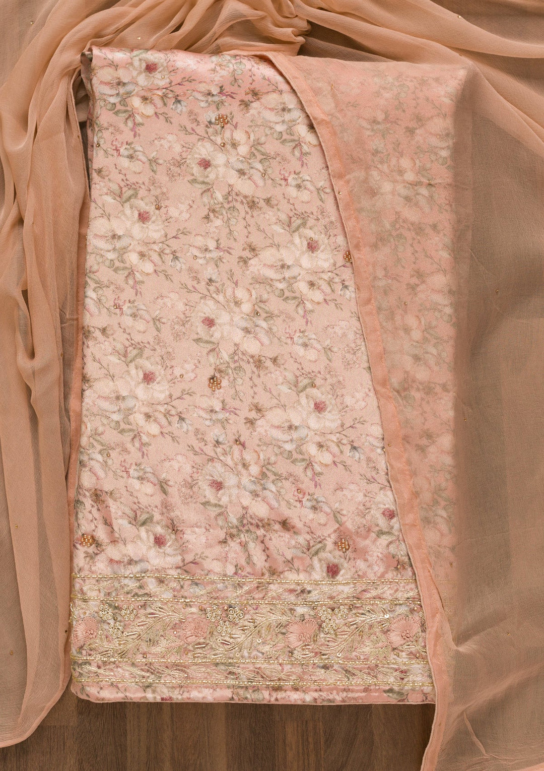 Peach Printed Semi Crepe Unstitched Salwar Kameez-Koskii