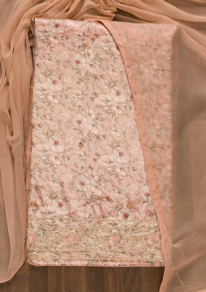 Peach Printed Semi Crepe Unstitched Salwar Kameez-Koskii