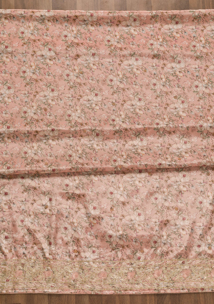 Peach Printed Semi Crepe Unstitched Salwar Kameez-Koskii