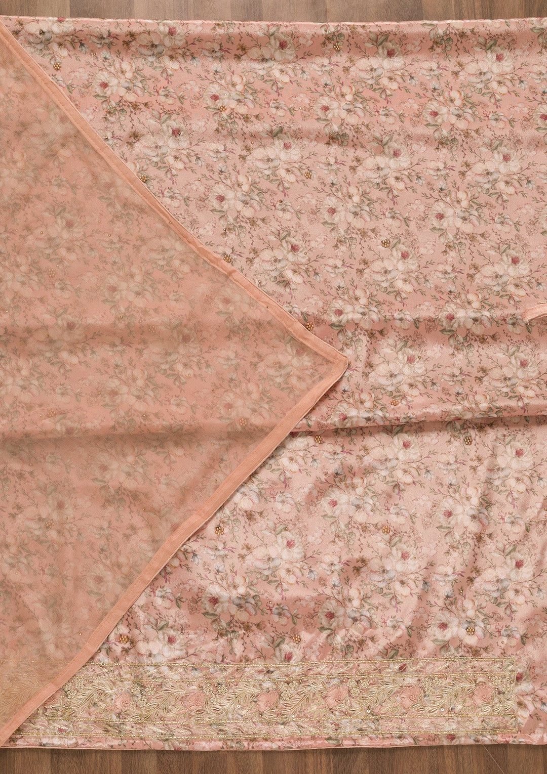 Peach Printed Semi Crepe Unstitched Salwar Kameez-Koskii