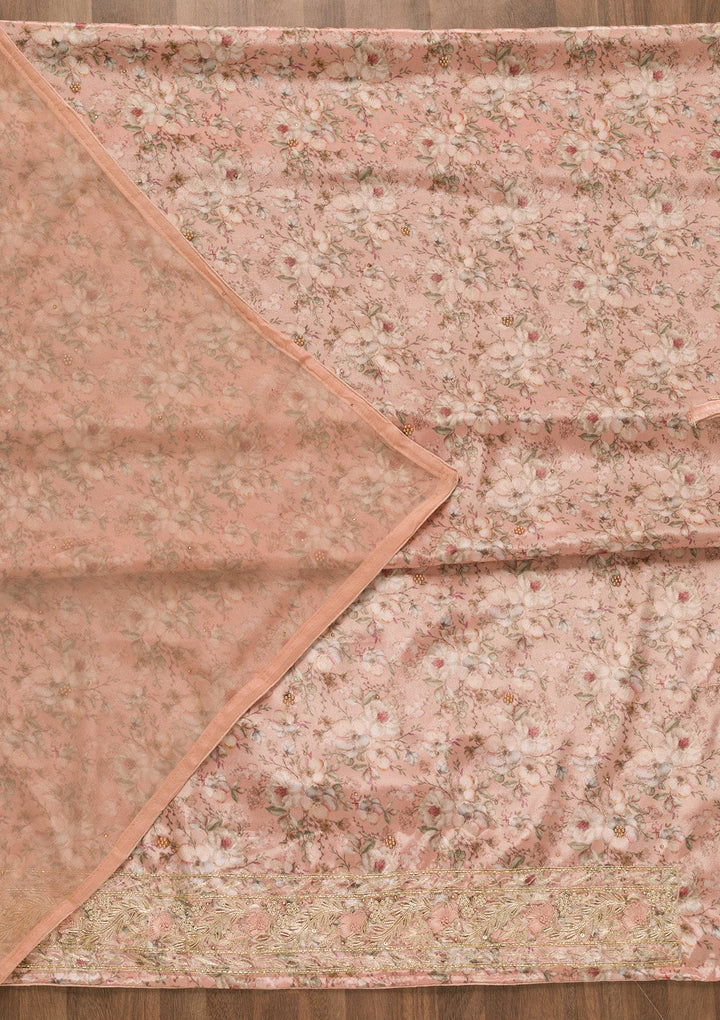 Peach Printed Semi Crepe Unstitched Salwar Kameez-Koskii
