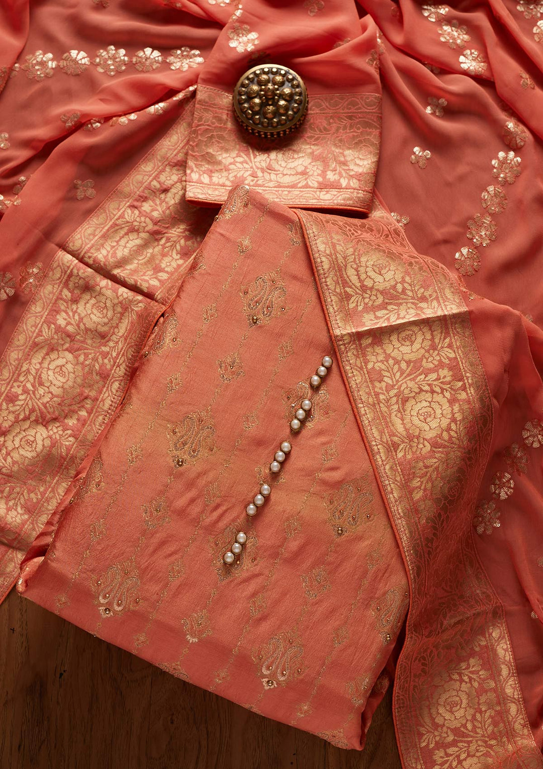 Peach Sequins Banarasi Designer Unstitched Salwar Suit - koskii