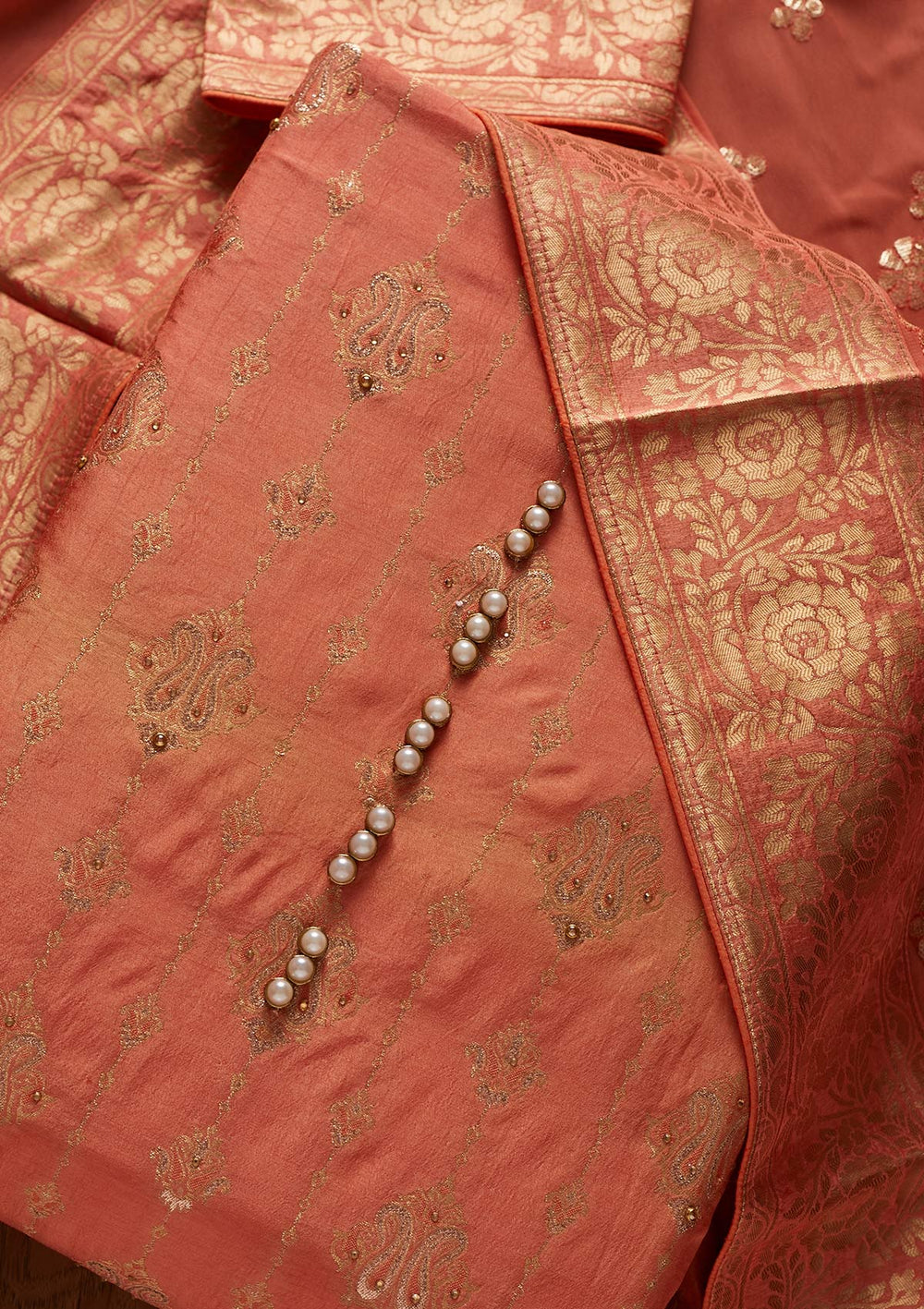 Peach Sequins Banarasi Designer Unstitched Salwar Suit - koskii