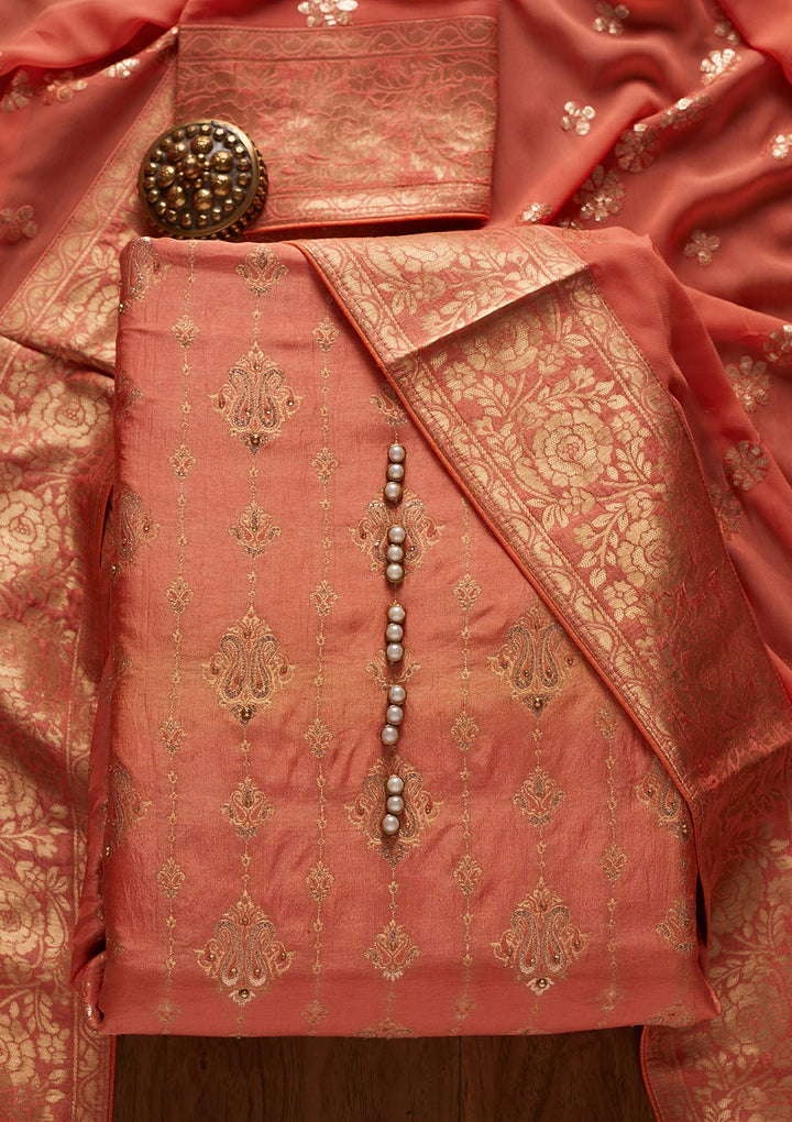 Peach Sequins Banarasi Designer Unstitched Salwar Suit - koskii