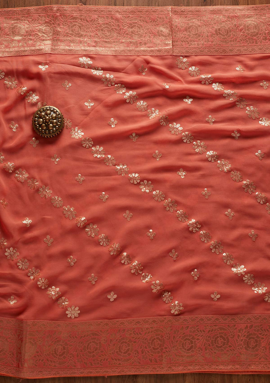Peach Sequins Banarasi Designer Unstitched Salwar Suit - koskii