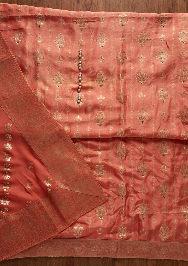 Peach Sequins Banarasi Designer Unstitched Salwar Suit - koskii