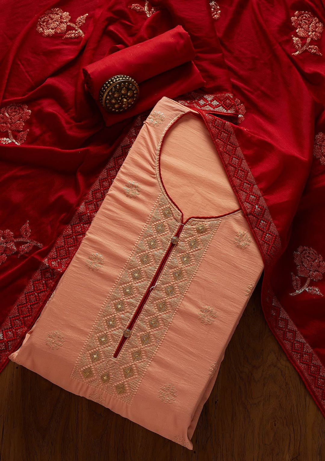 Peach Sequins Chanderi Designer Unstitched Salwar Suit - koskii