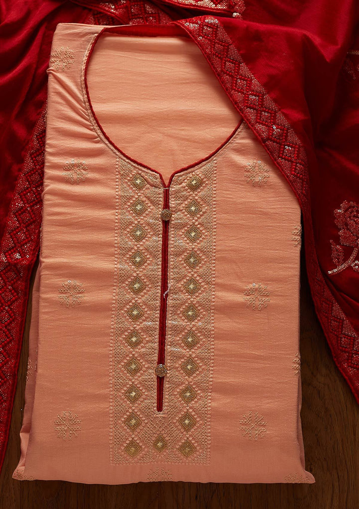 Peach Sequins Chanderi Designer Unstitched Salwar Suit - koskii
