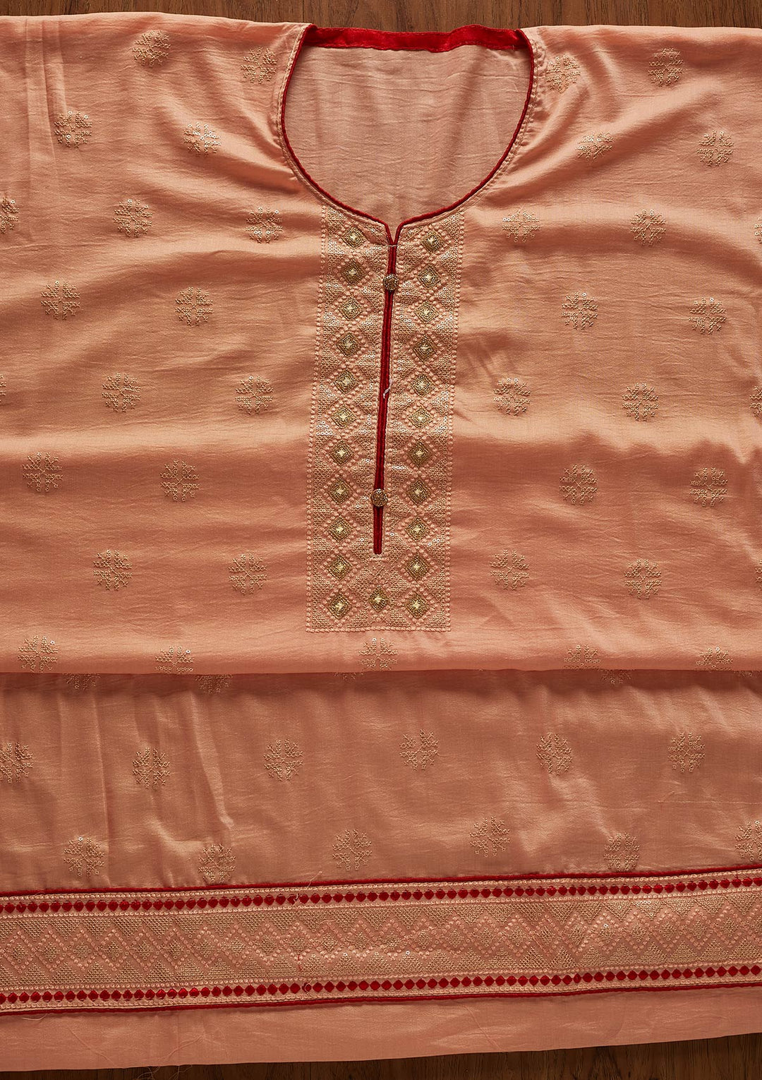 Peach Sequins Chanderi Designer Unstitched Salwar Suit - koskii