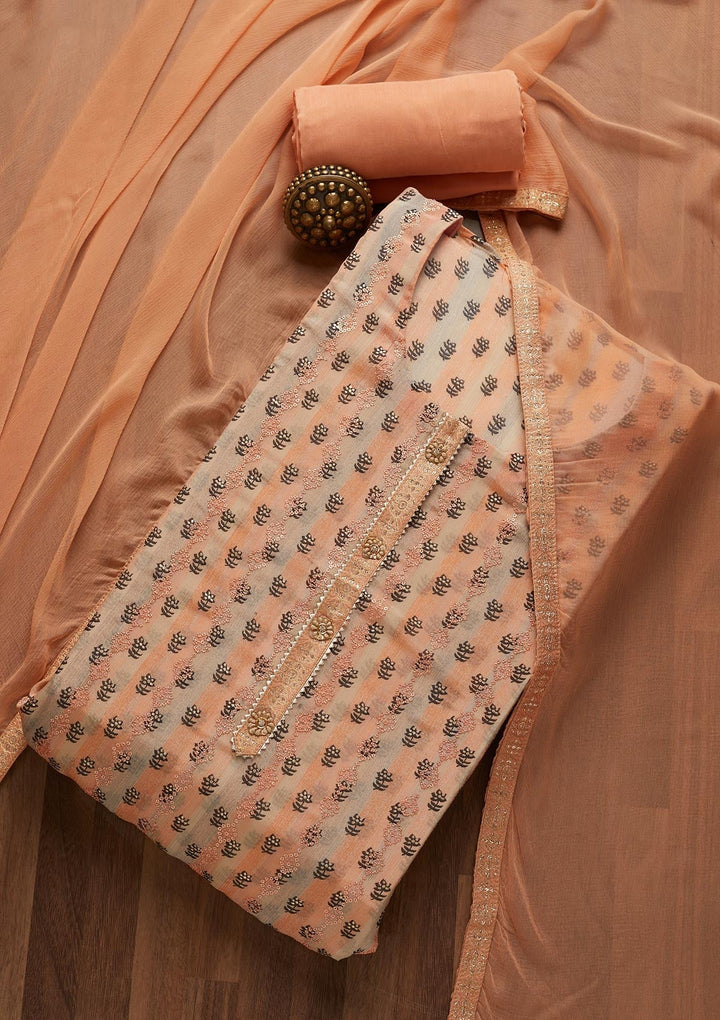 Peach Sequins Chanderi Unstitched Salwar Suit- Koskii