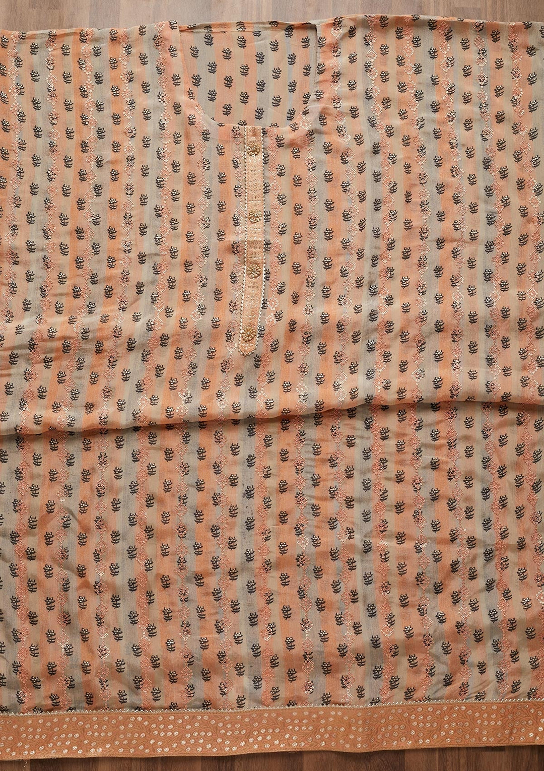 Peach Sequins Chanderi Unstitched Salwar Suit - Koskii