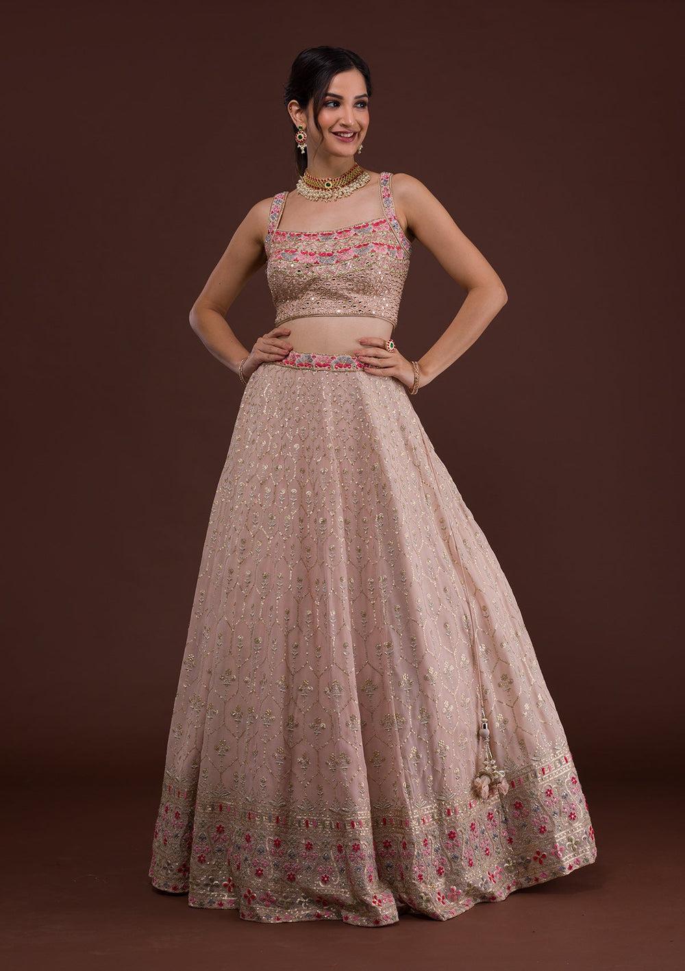 Peach Sequins Georgette Readymade Lehenga-Koskii