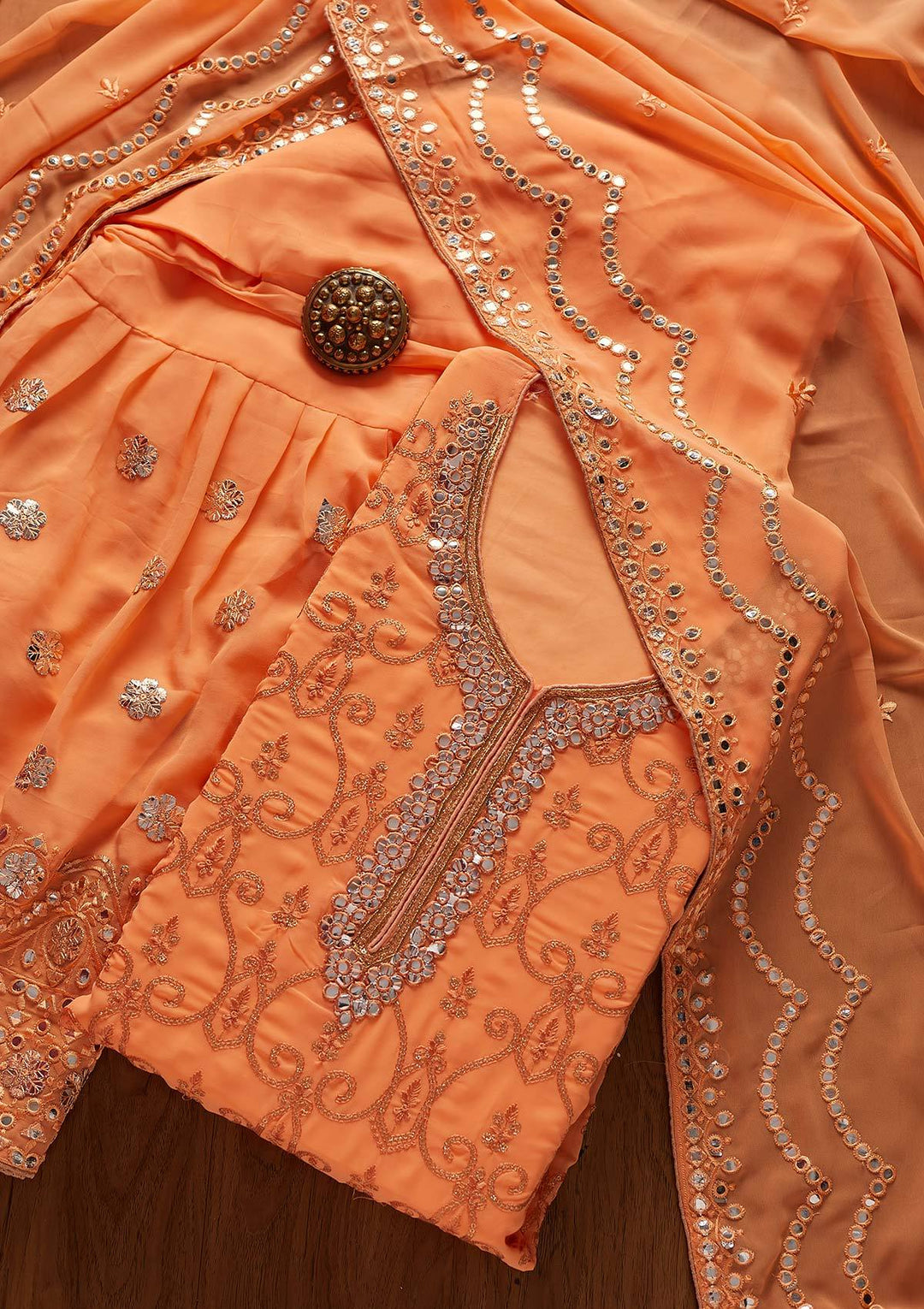 Peach Sequins Georgette Designer Semi-Stitched Salwar Suit - koskii