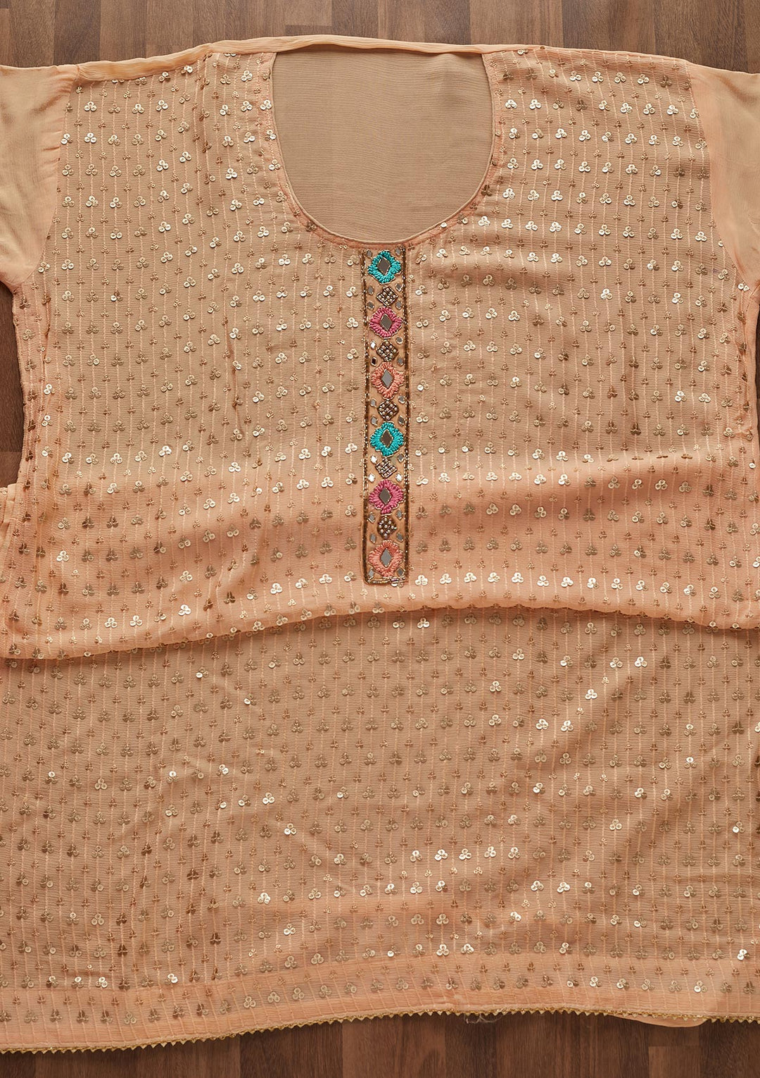 Peach Sequins Georgette Designer Semi-Stitched Salwar Suit - Koskii