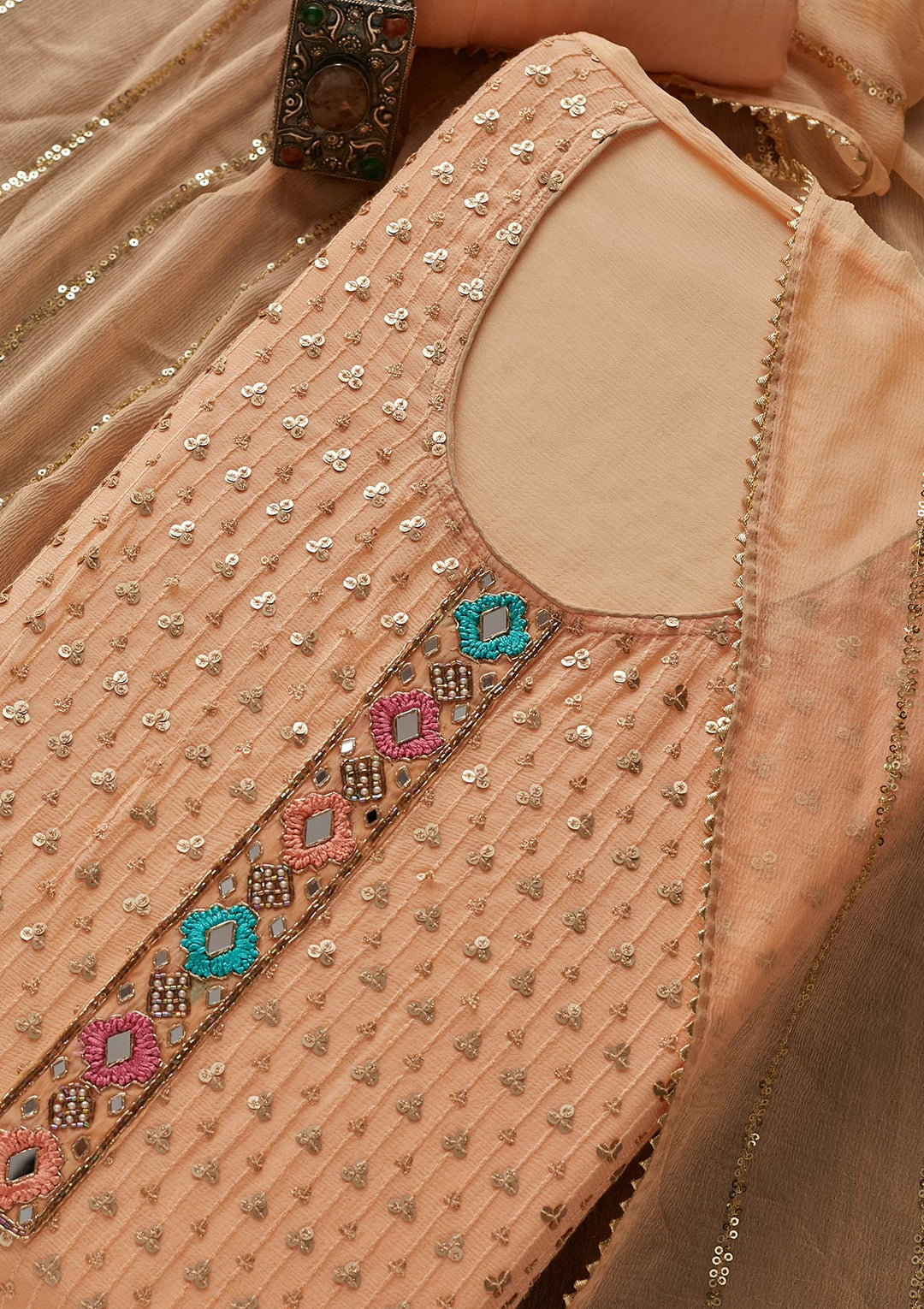 Peach Sequins Georgette Designer Semi-Stitched Salwar Suit - Koskii