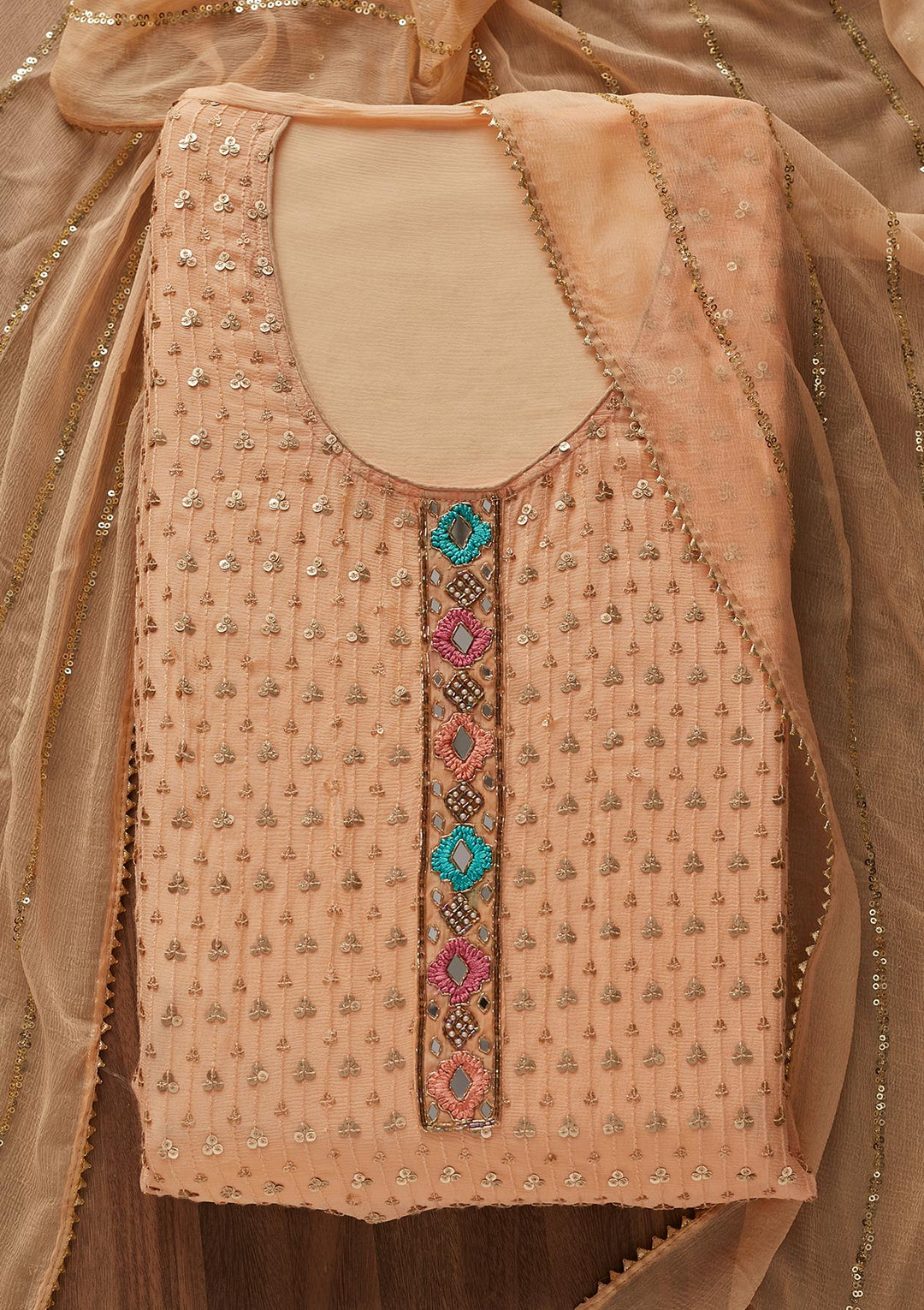 Peach Sequins Georgette Designer Semi-Stitched Salwar Suit - Koskii