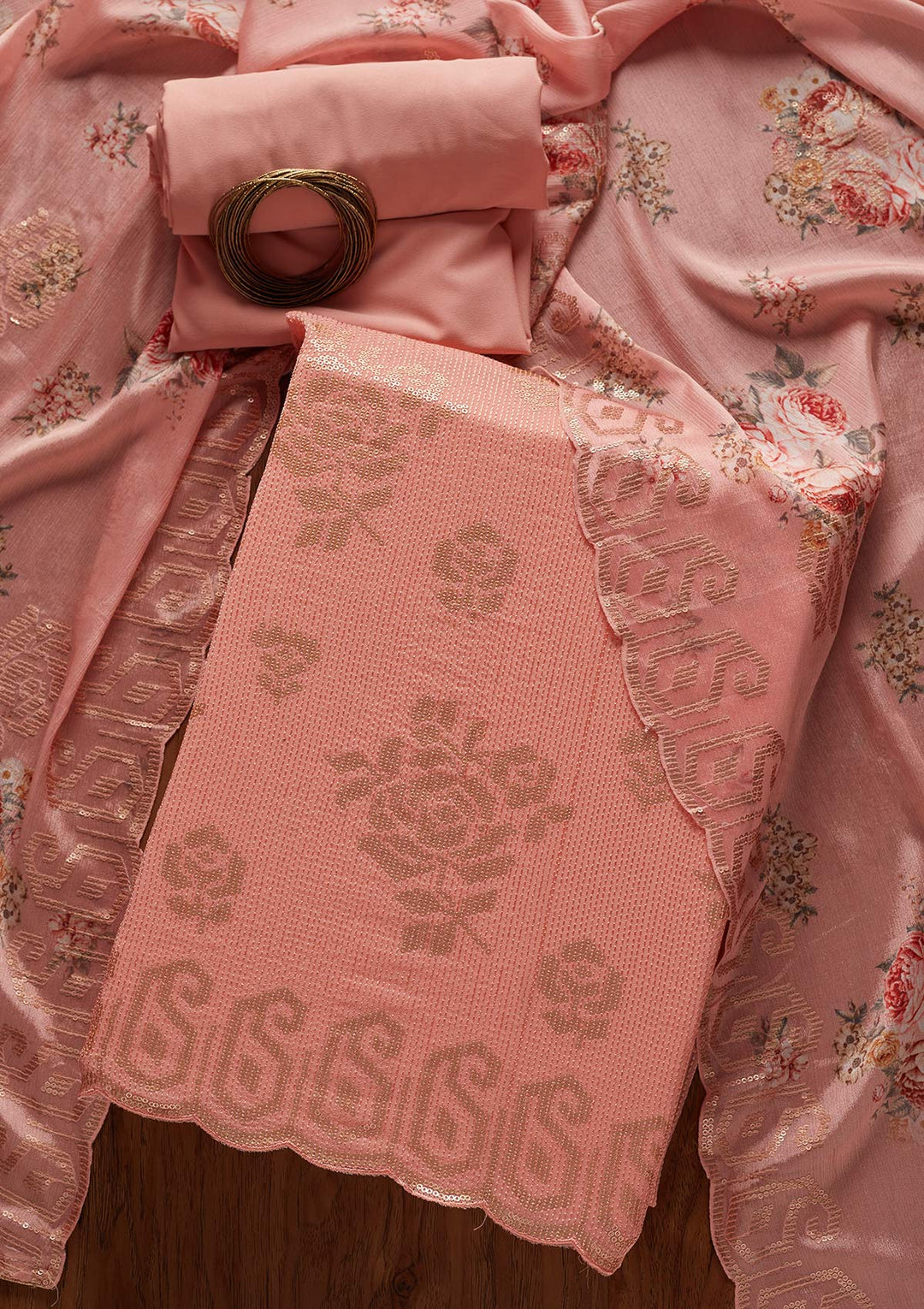 Peach Sequins Georgette Designer Unstitched Salwar Suit - koskii