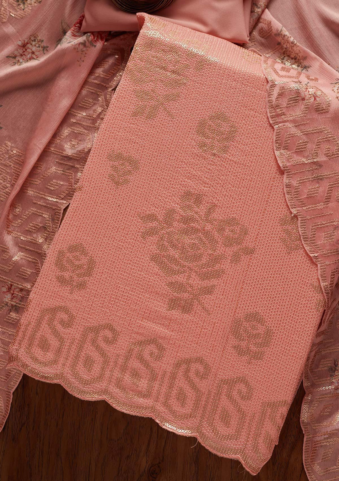 Peach Sequins Georgette Designer Unstitched Salwar Suit - koskii