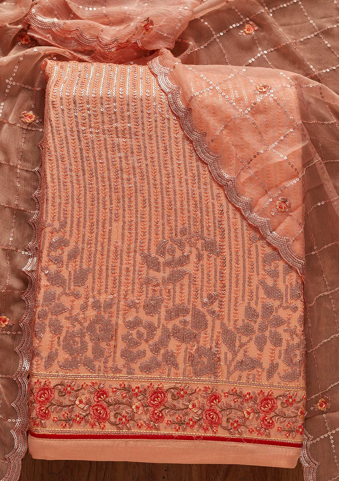 Peach Sequins Georgette Designer Unstitched Salwar Suit - koskii