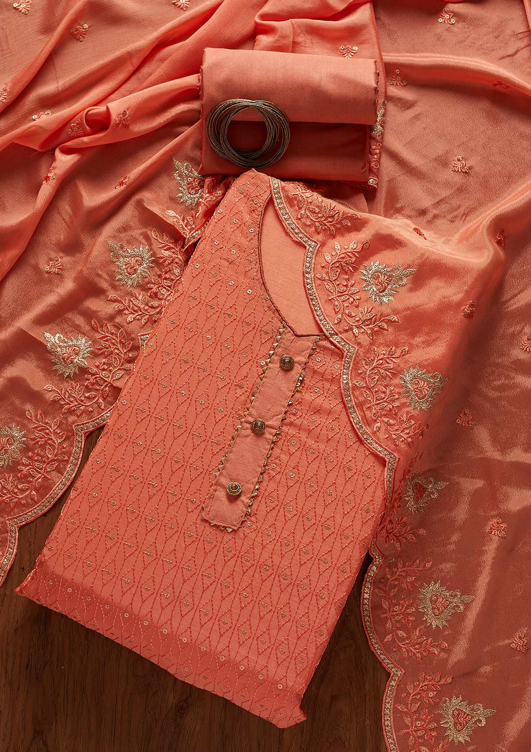 Peach Sequins Georgette Designer Unstitched Salwar Suit - koskii