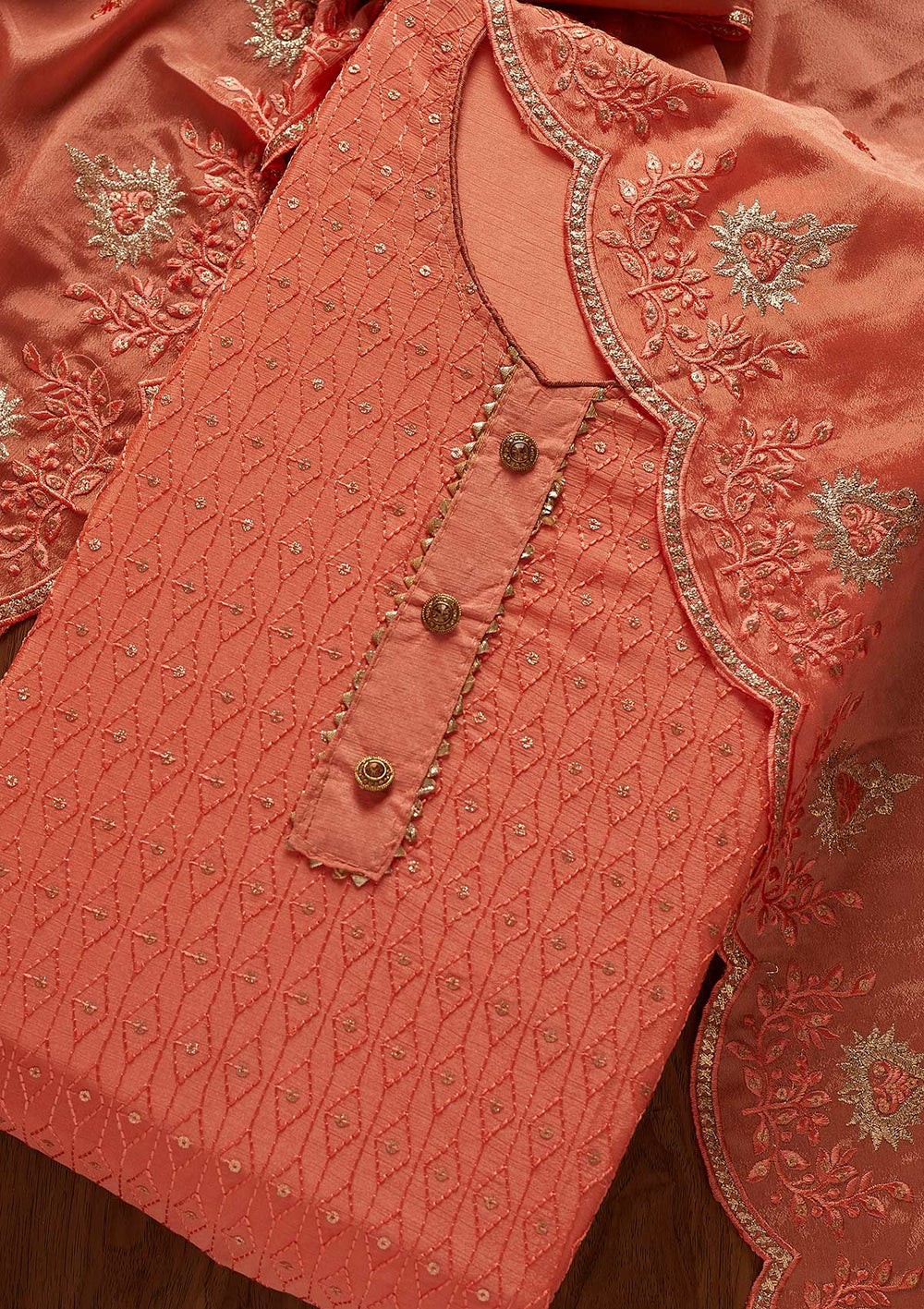 Peach Sequins Georgette Designer Unstitched Salwar Suit - koskii