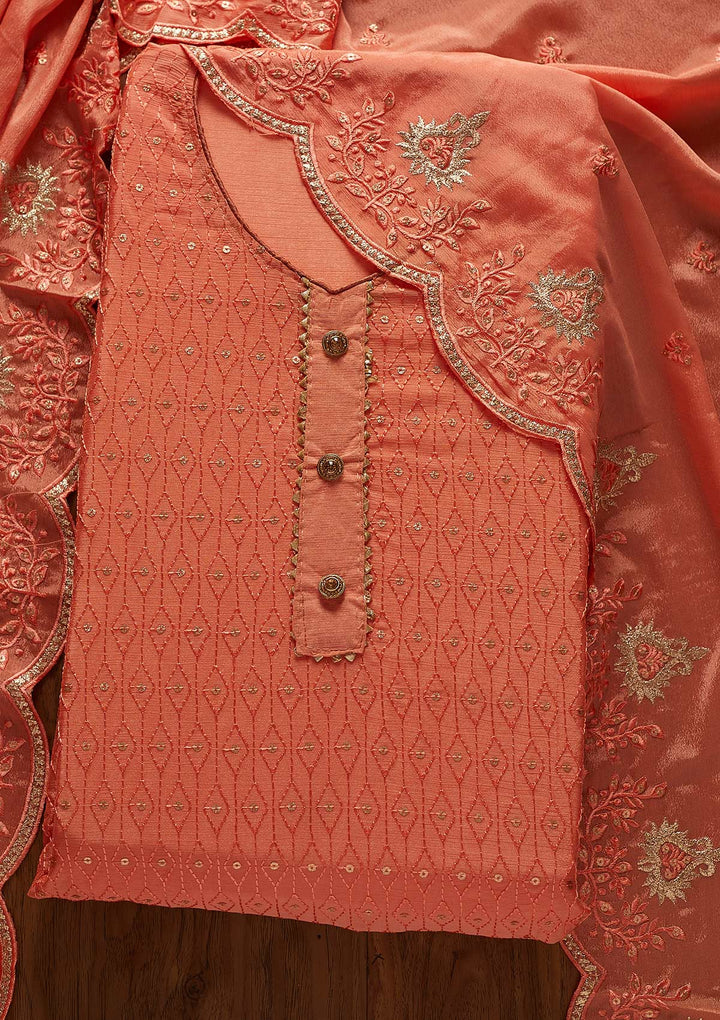 Peach Sequins Georgette Designer Unstitched Salwar Suit - koskii