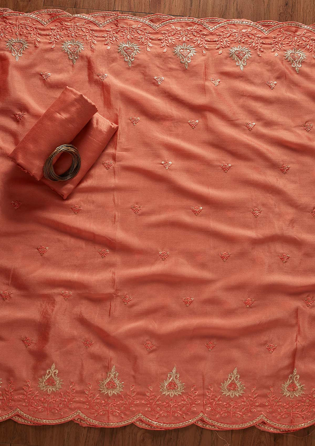 Peach Sequins Georgette Designer Unstitched Salwar Suit - koskii